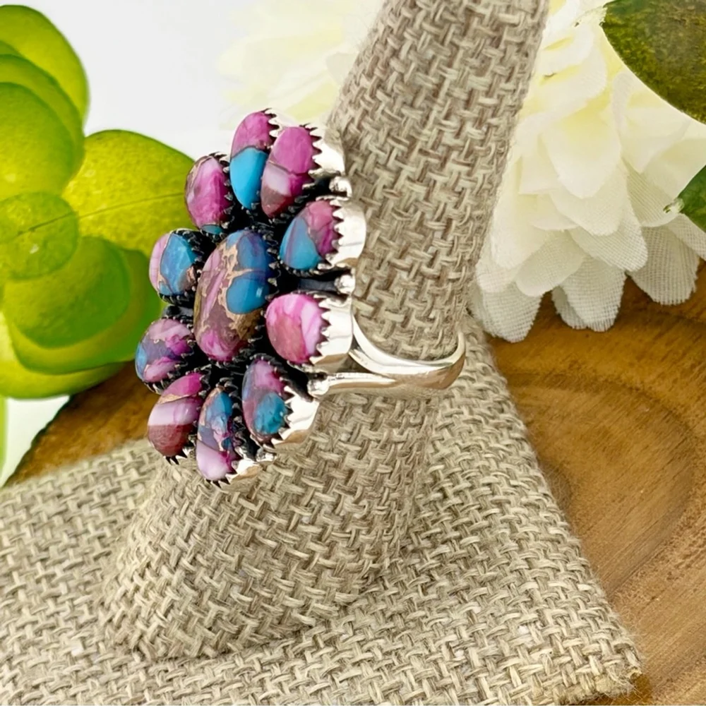 Pure Sterling Silver 925 Pink Dahlia Turquoise Cluster Ring 7 1/4 Navajo Style - Picture 7 of 11